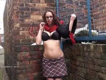 Sexy amateur flasher Beaus outdoor striptease and voyeur exhibitionism of winter
