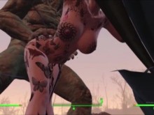 MILF tatuada con culo grande follada por la mañana por un mutante amistoso: Videojuego de animación sexual Fallout 4 AAF Mod