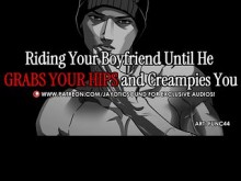 Montando a tu novio hasta que te agarra las caderas y te hace creampie